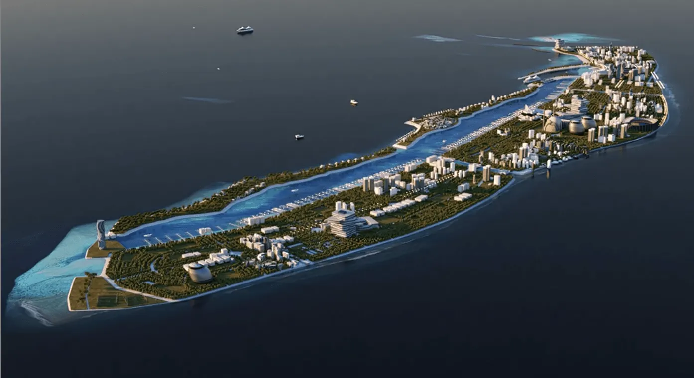 Aerial view of a dredging ship connected by a floating pipeline to a new island of pumped sand at Ras Malé