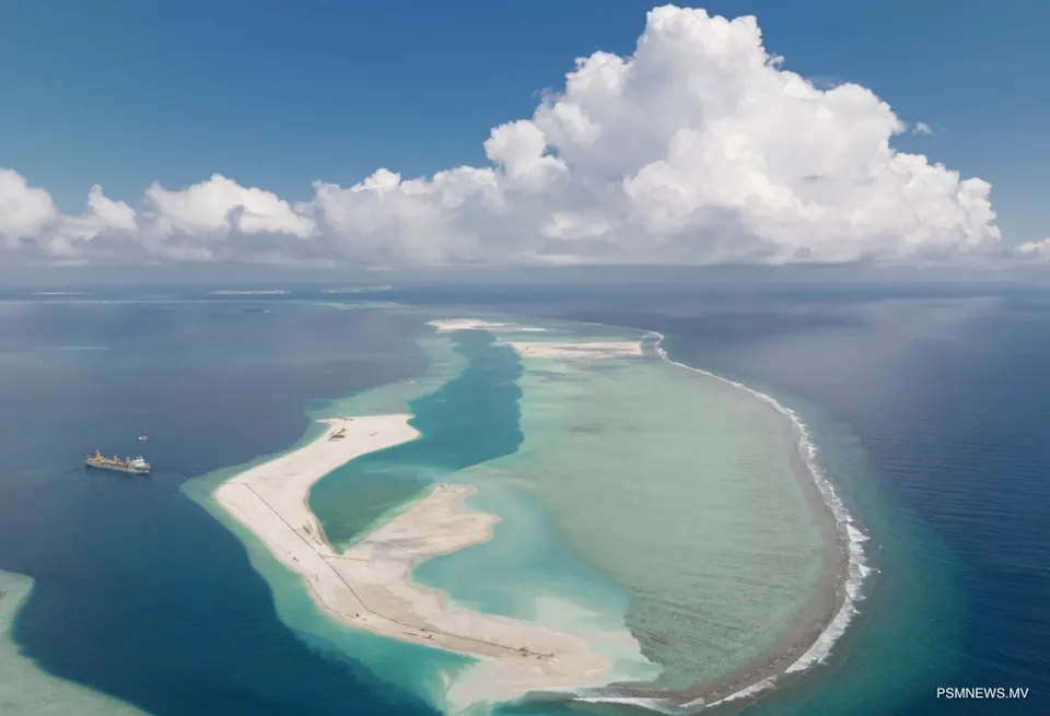 Aerial view of a new reclaimed island at Ras Malé with a base camp and jetty, surrounded by shallow reef and turquoise lagoon