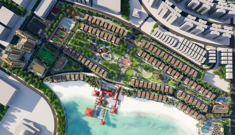 Artist's impression of a planned residential neighbourhood with rows of low-rise homes, gardens and a lagoon