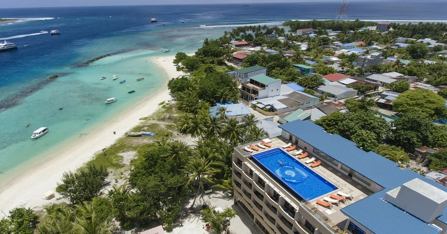 A white-sand beach lined with palm trees and a small building on a local island near Malé