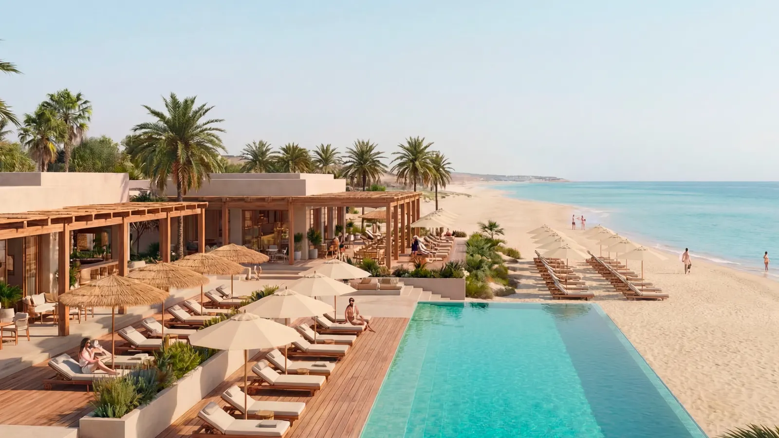 Artist's impression of a beachfront pool club with palm trees, shaded loungers and white sand