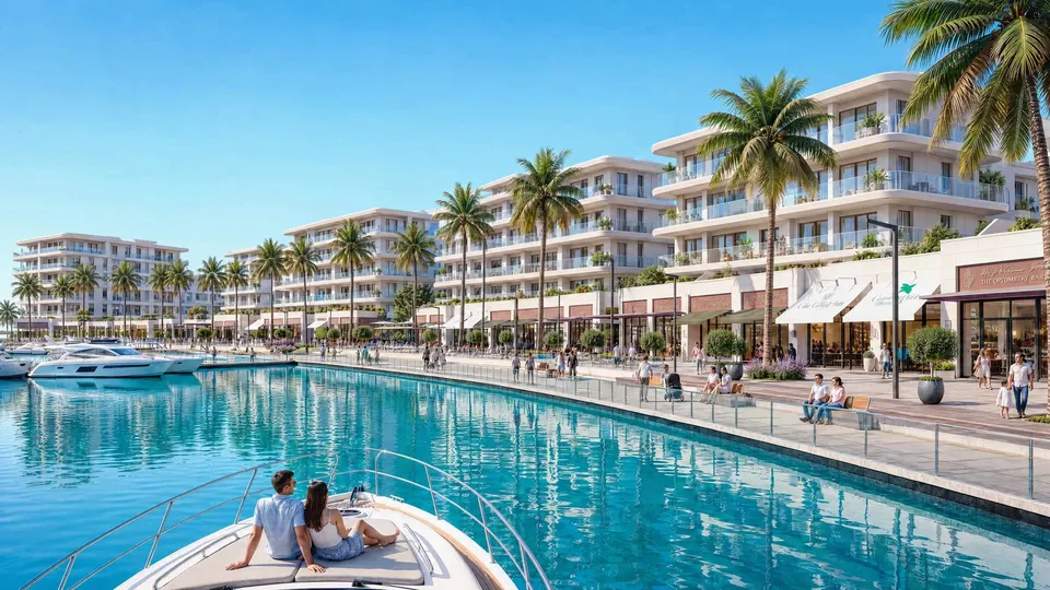 Artist's impression of a marina promenade lined with palm trees and white apartment buildings, with a couple on a boat in the foreground